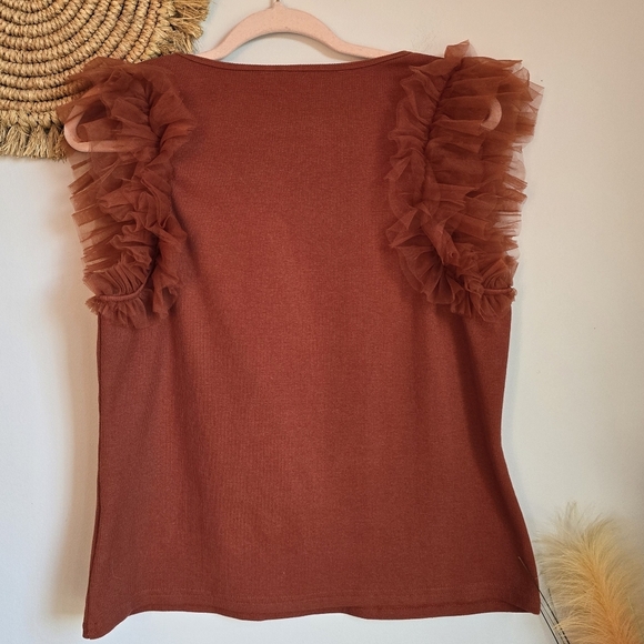 Anthropologie New Dolan Rust Tulle Sleeve Ribbed Knit Top SZ XL Balletcore Fairy - Picture 5 of 10